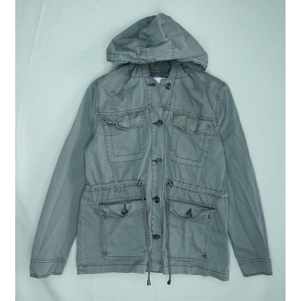 Kensie Jeans Jacket Button Zip Utility Military Green Hooded Women's Size Small
